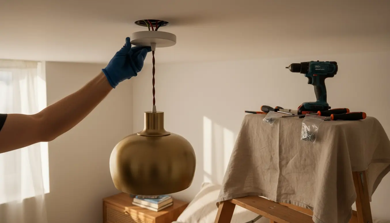 Tæt foto af ophængning af loftslampe i soveværelse med udstikkende ledninger og værktøj.