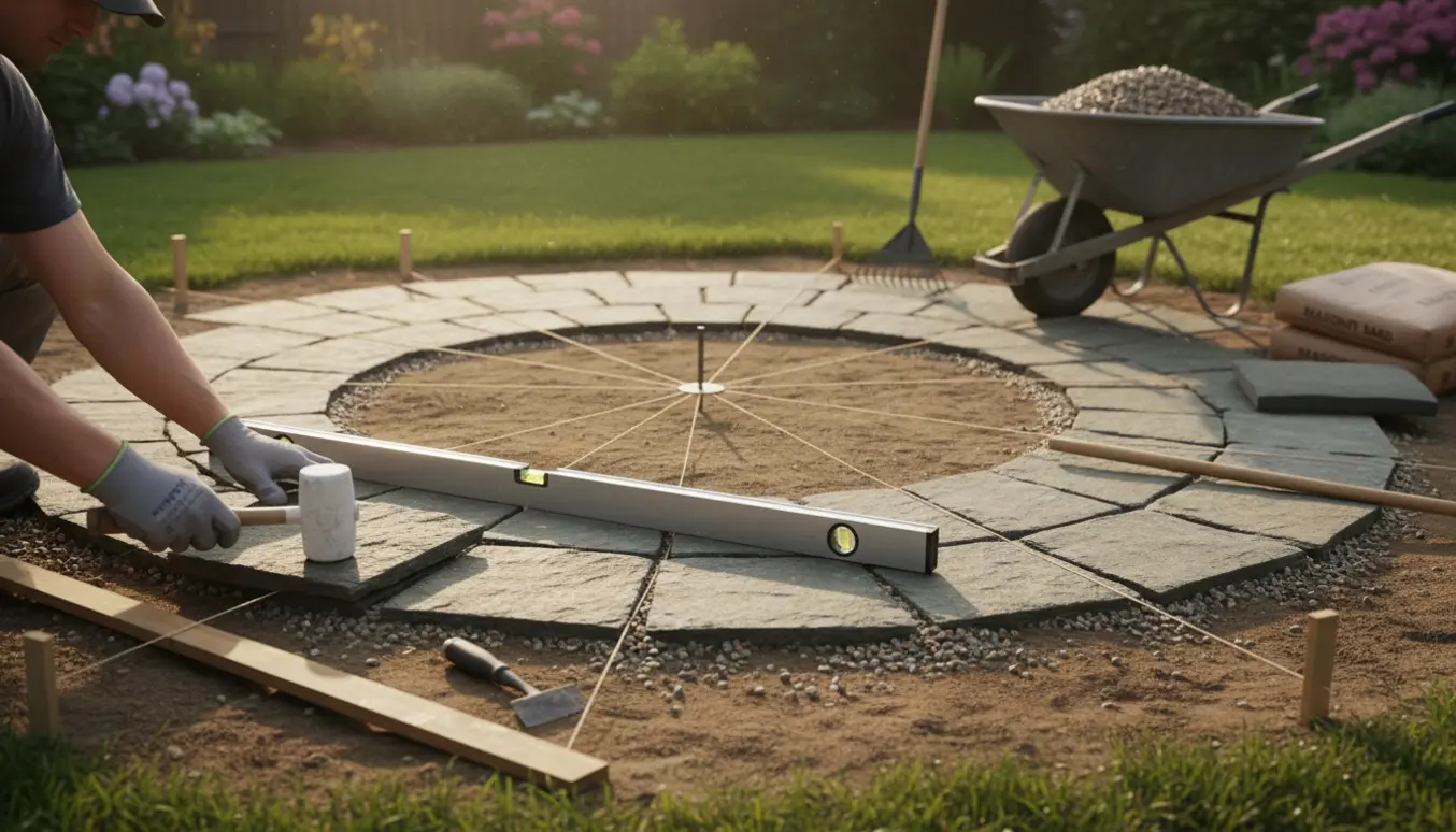 Detaljeret foto af cirkulær flisebelægning i haven med arbejdernes hænder og værktøj.