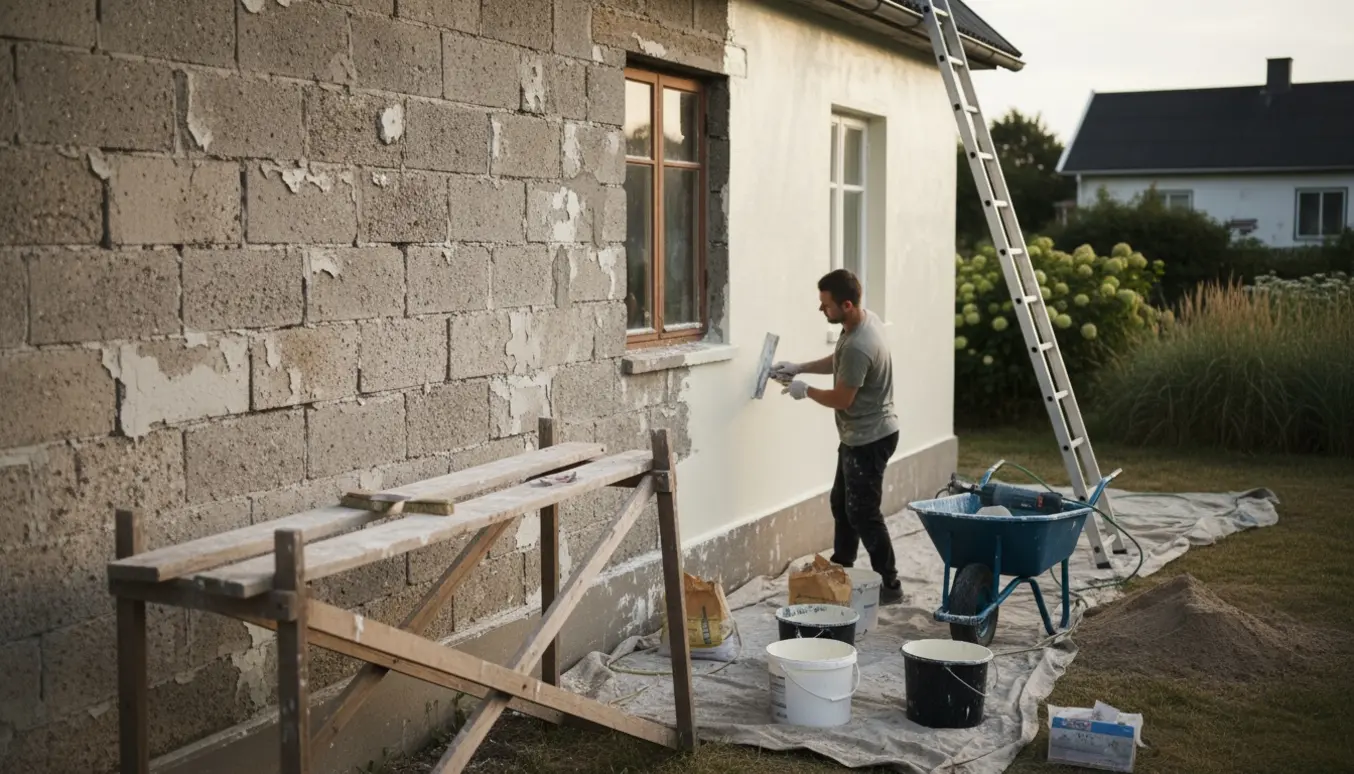 Udvendig kalkning af et ældre gasbeton sommerhus med stillads, spande og pudseværktøj i aftenslys.