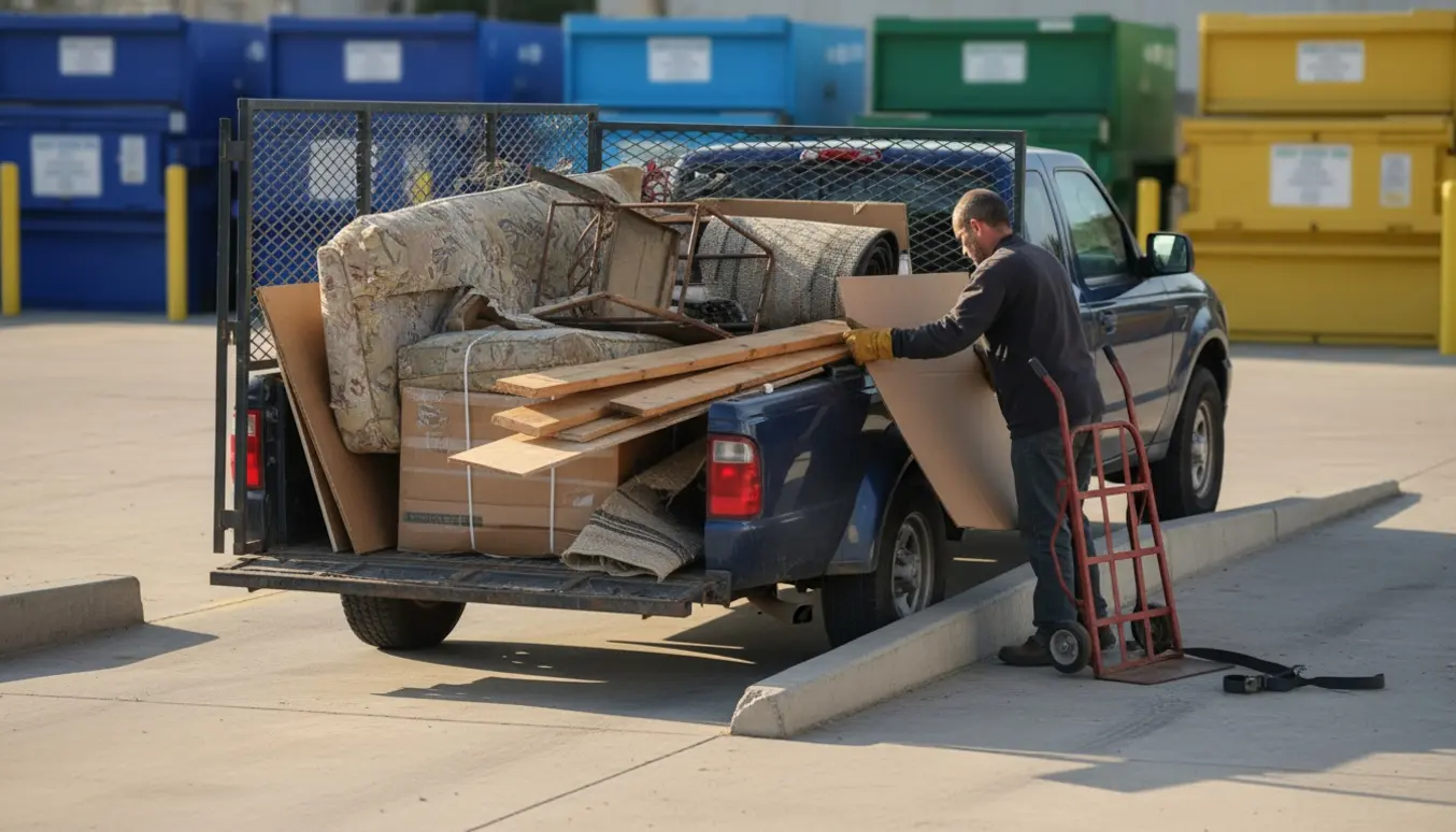 Trailer aflæsset ved en genbrugsplads med møbler og containere i baggrunden.