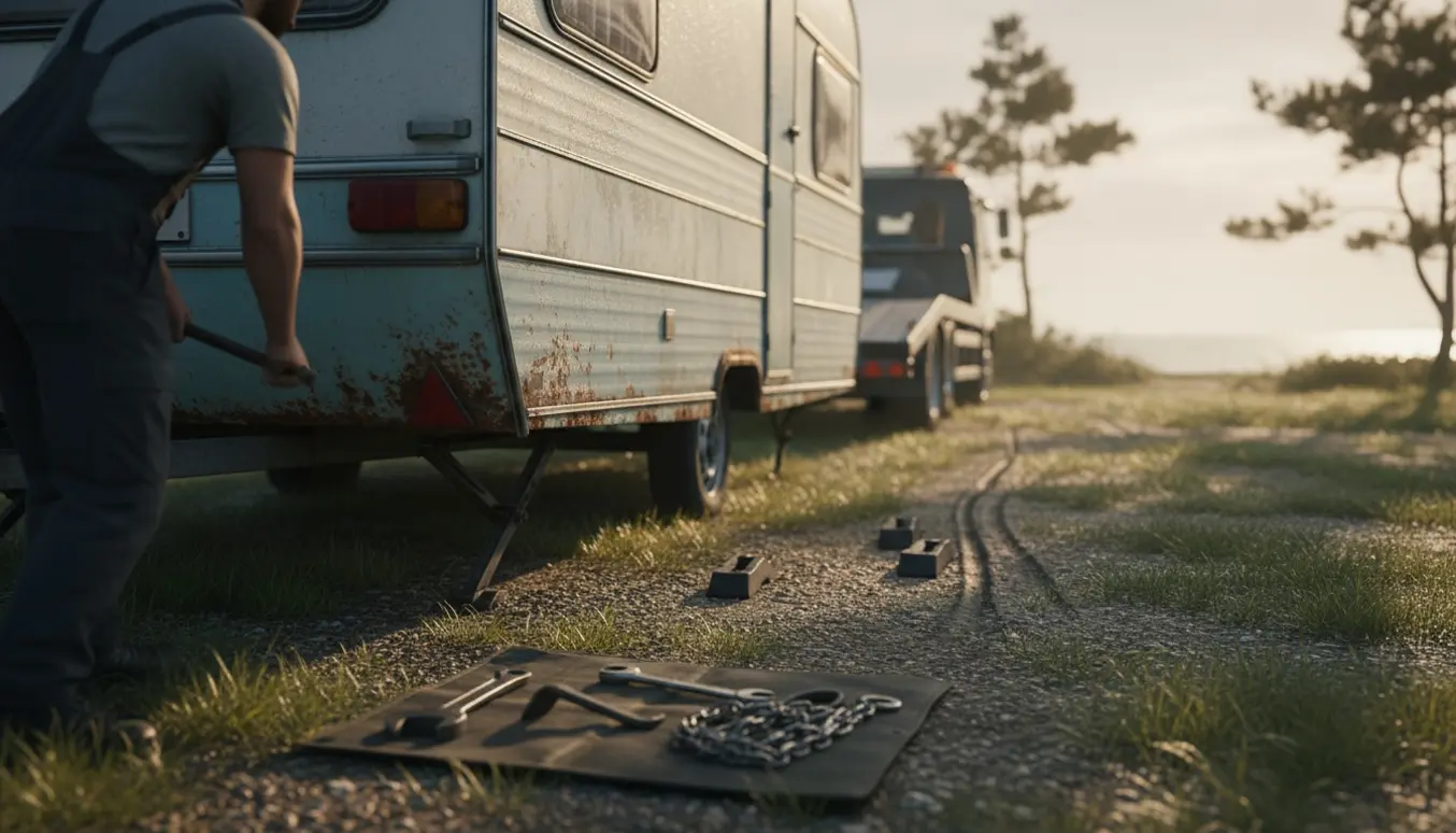 Campingvogn hæves på støtteben og kobles til traktor på en campingplads klar til ophugning.