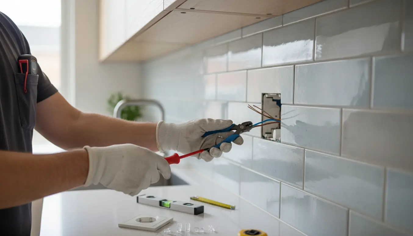 Hænder installerer en stikkontakt i et moderne køkken med værktøj på bordet.