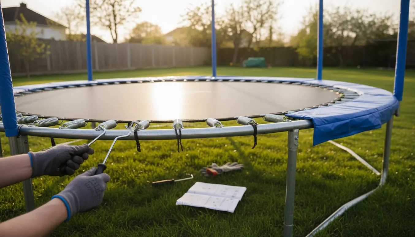 Nærbillede af montering af en stor rund trampolin i baghaven med hænder, fjedre og sikkerhedsnet.