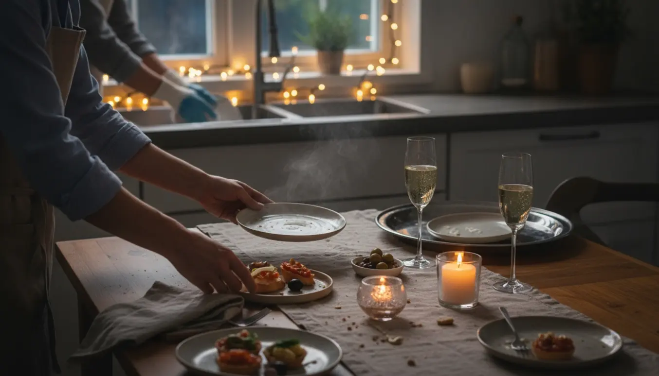 Hænder serverer små retter på et bord, mens andre rydder op og vasker op i køkkenet under varme lys.