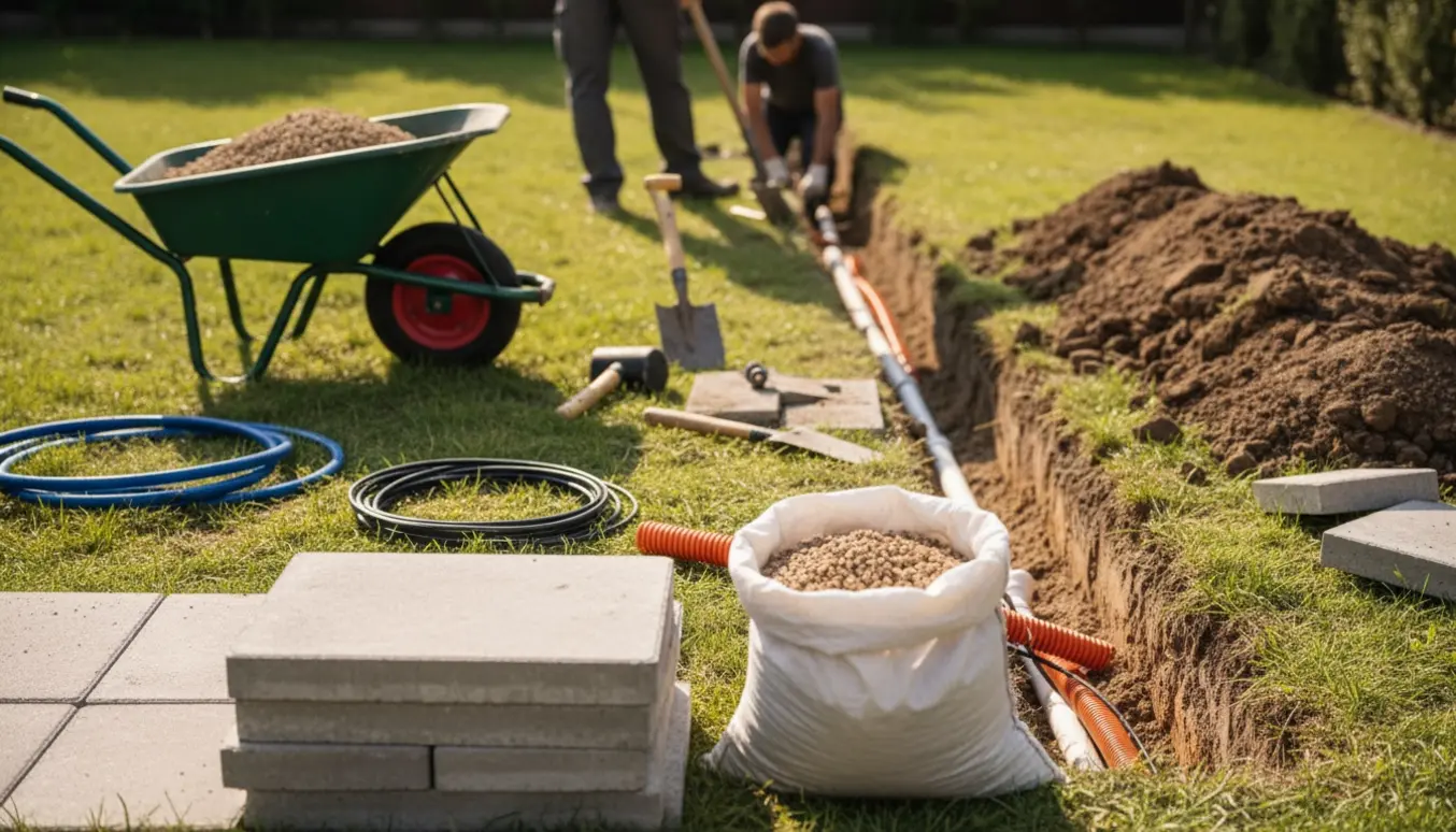 Stak af fliser ved en åben rende med lagt vandrør og kabler i en baghave klar til tilbagedækning.
