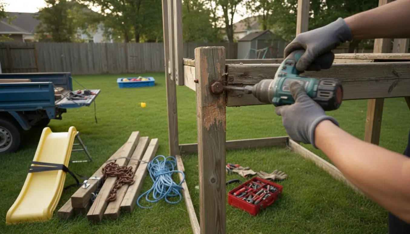 Partvist nedtaget legestativ i en baghave med værktøj og afmonterede dele samlet klar til bortkørsel.