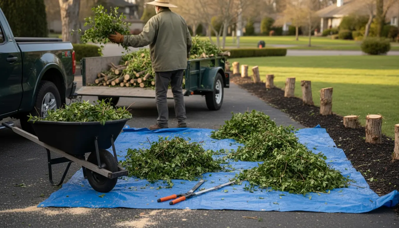 Hækaffald og grene læsses på trailer i en have efter beskæring.