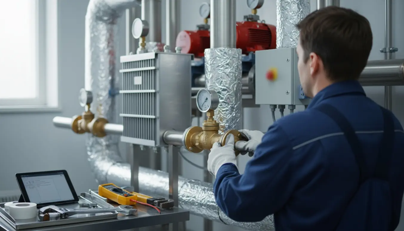 Tekniker udfører rutineservice på fjernvarmeanlæg, justerer ventil på isolerede rør.