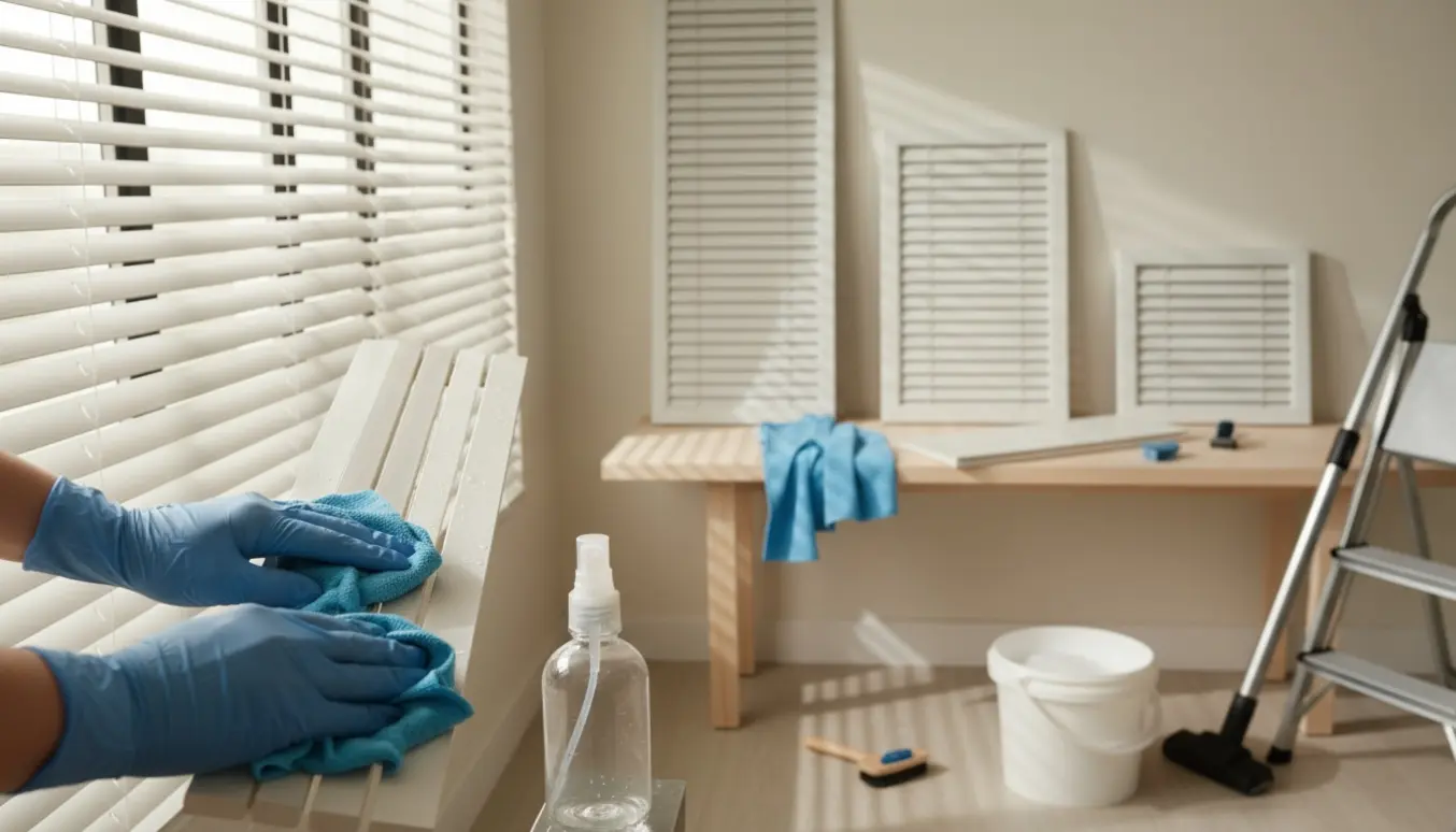 Hænder rengør en persienne med mikrofiberklud, mens fem andre persienner ligger klar i baggrunden.