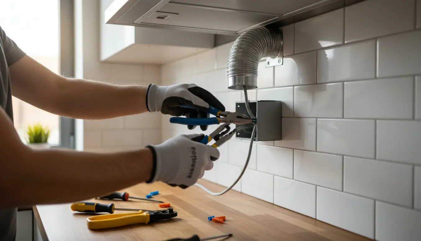 Hænder monterer flyttet stikkontakt og tilslutter en emhætte i et trangt køkkenrum.