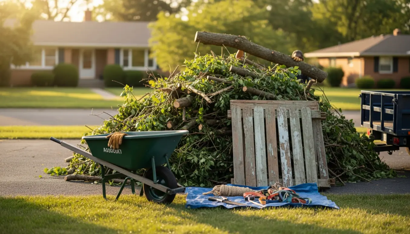 Stak af grene, buske og et nedtaget hegn i forhaven klar til afhentning.
