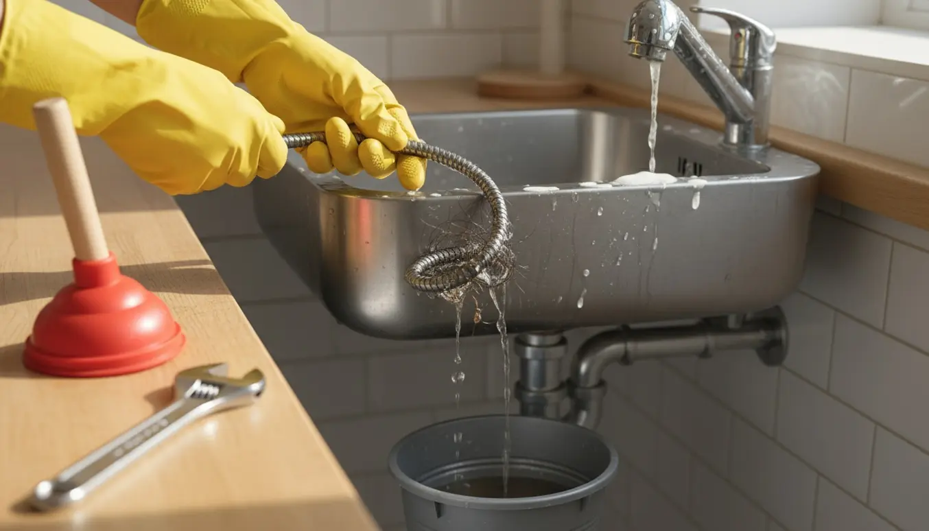Hænder med gummihandsker bruger en afløbsslange i en køkkenvask for at åbne et tilstoppet afløb.