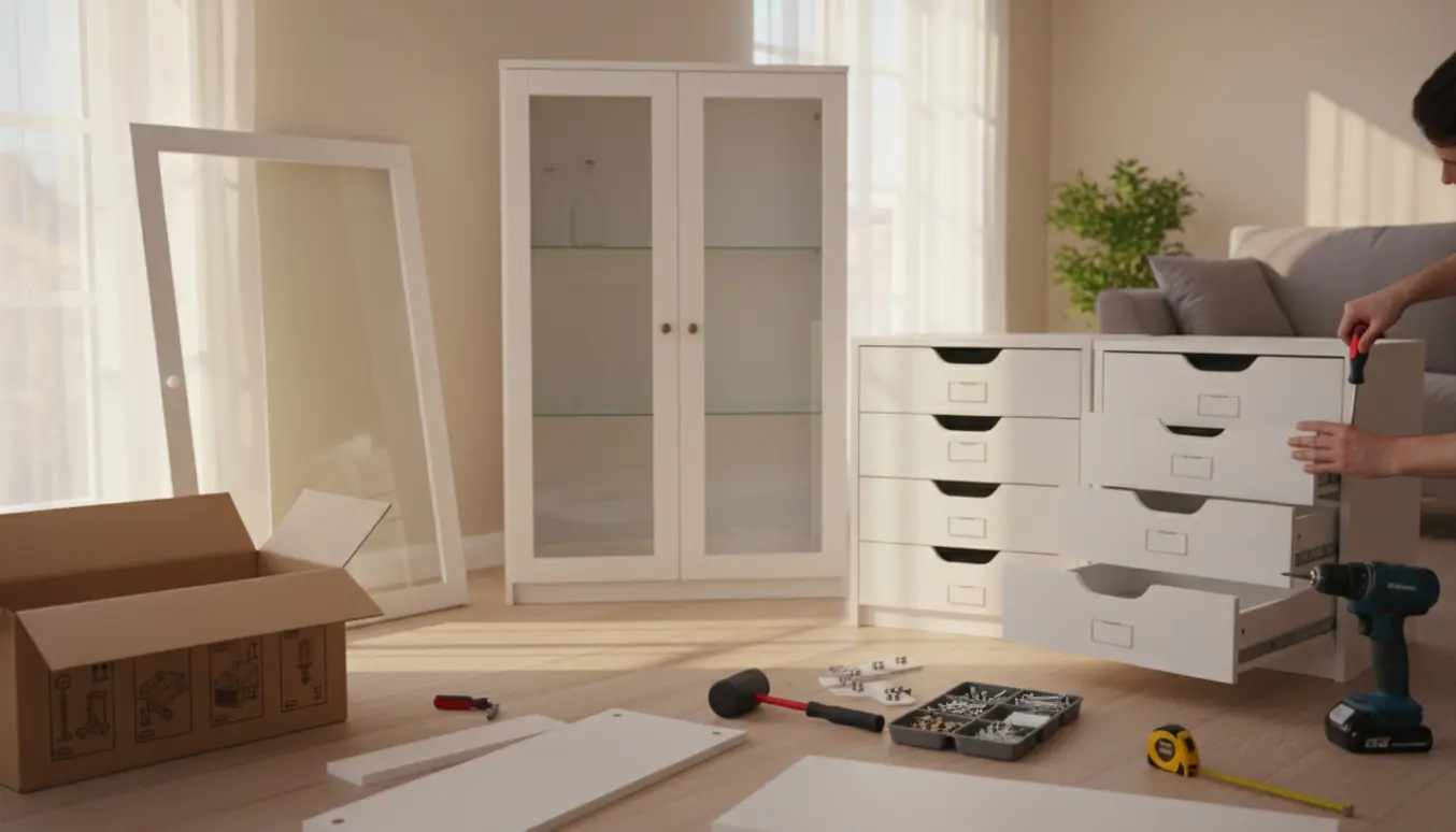 Hænder samler et nyt vitrineskab og en lille kommode fra fladpakkede kasser i en lys stue.