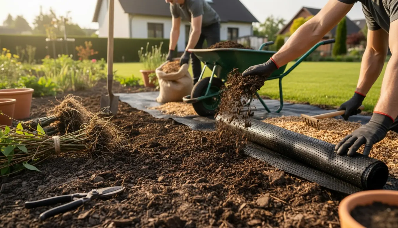 Hænder spreder jord, ruller ukrudtsdug ud og fordeler flis i en lille have.