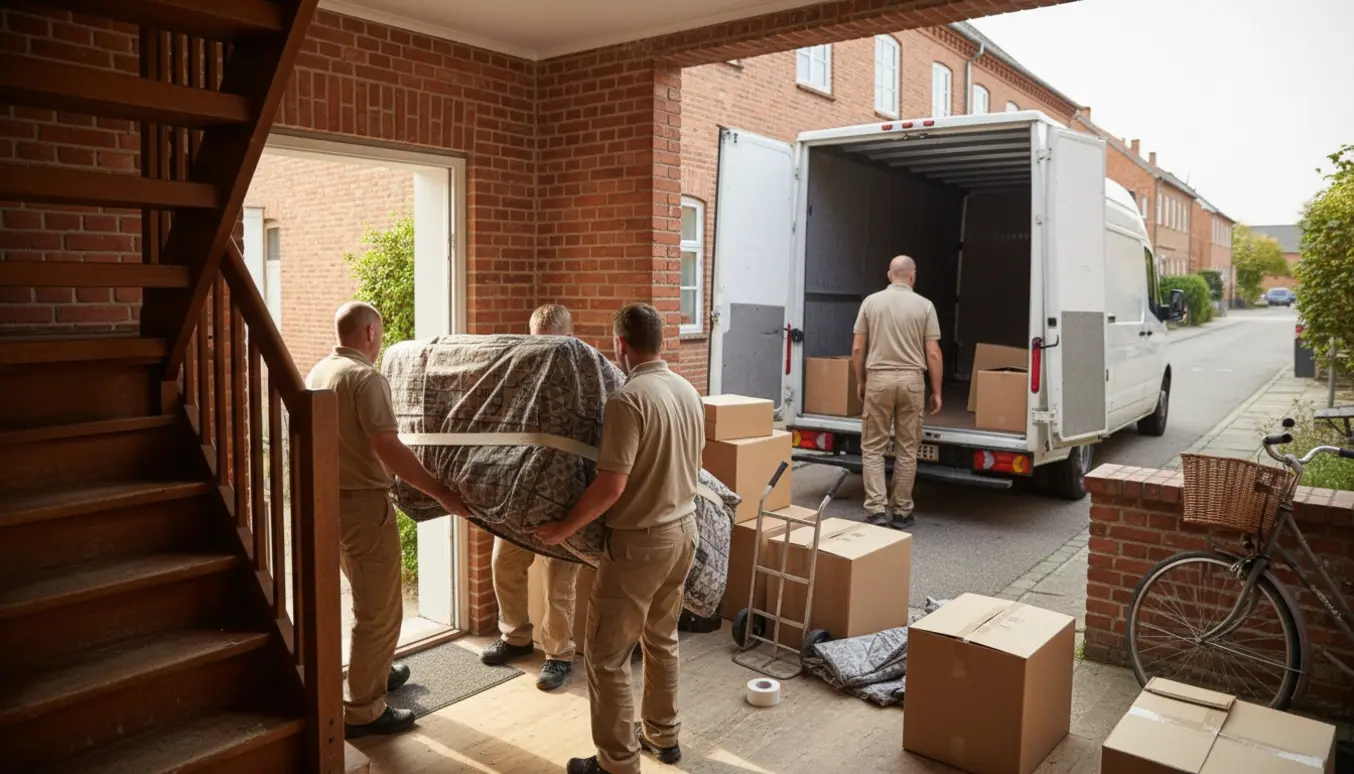 Flyttefolk bærer en indpakket sofa ned ad en trappe og læsser flyttekasser ind i en flyttebil på en lys villavej.