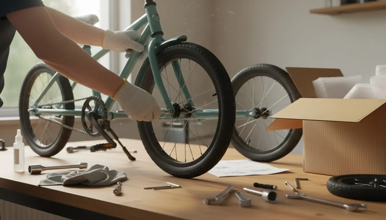 Hænder samler en ny trehjulet cykel på et bord med værktøj og åben papkasse i sollys.