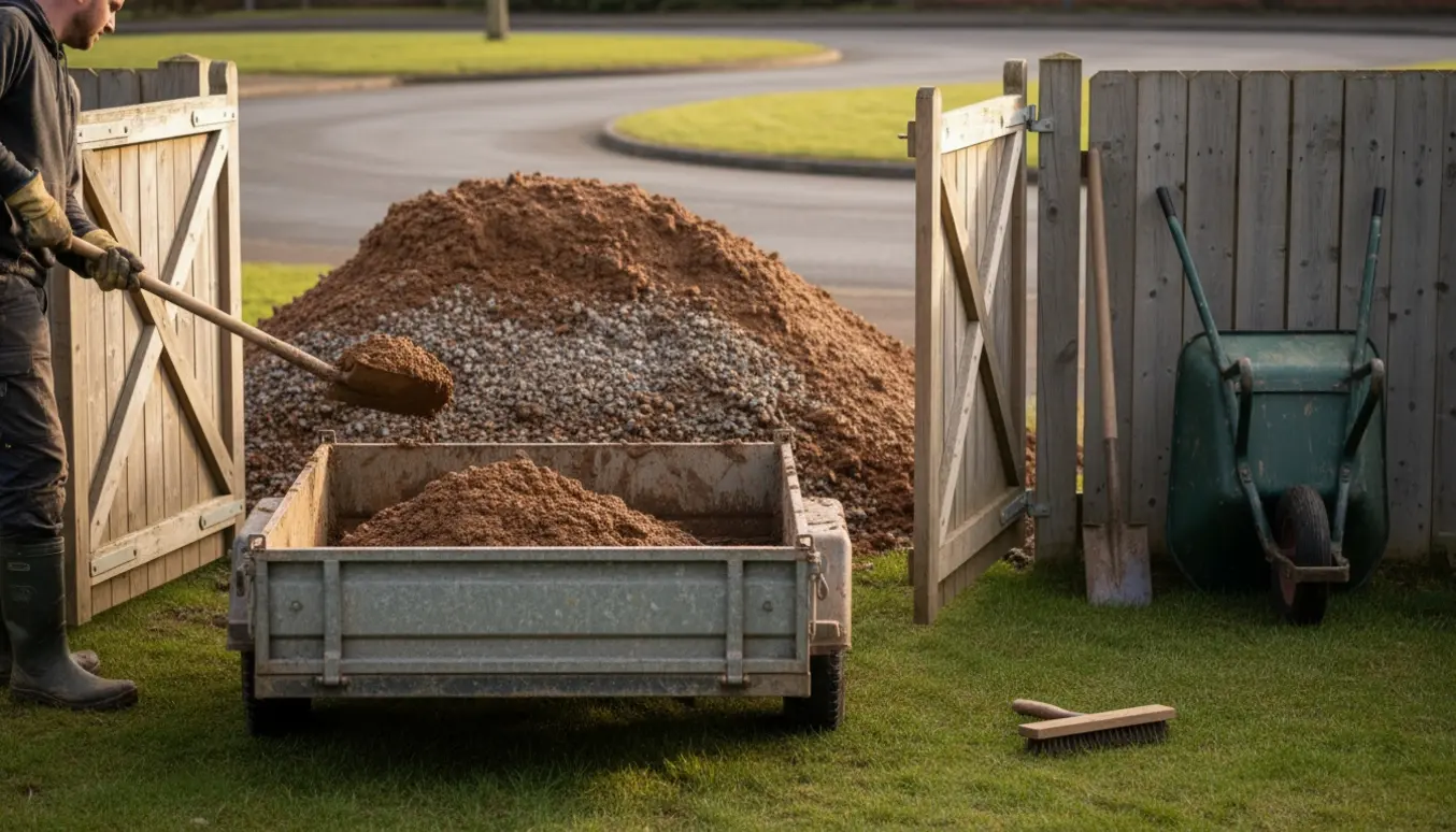 Stor bunke leret grus ved en åben havelåge, klar til at blive læsset på en lav trailer.