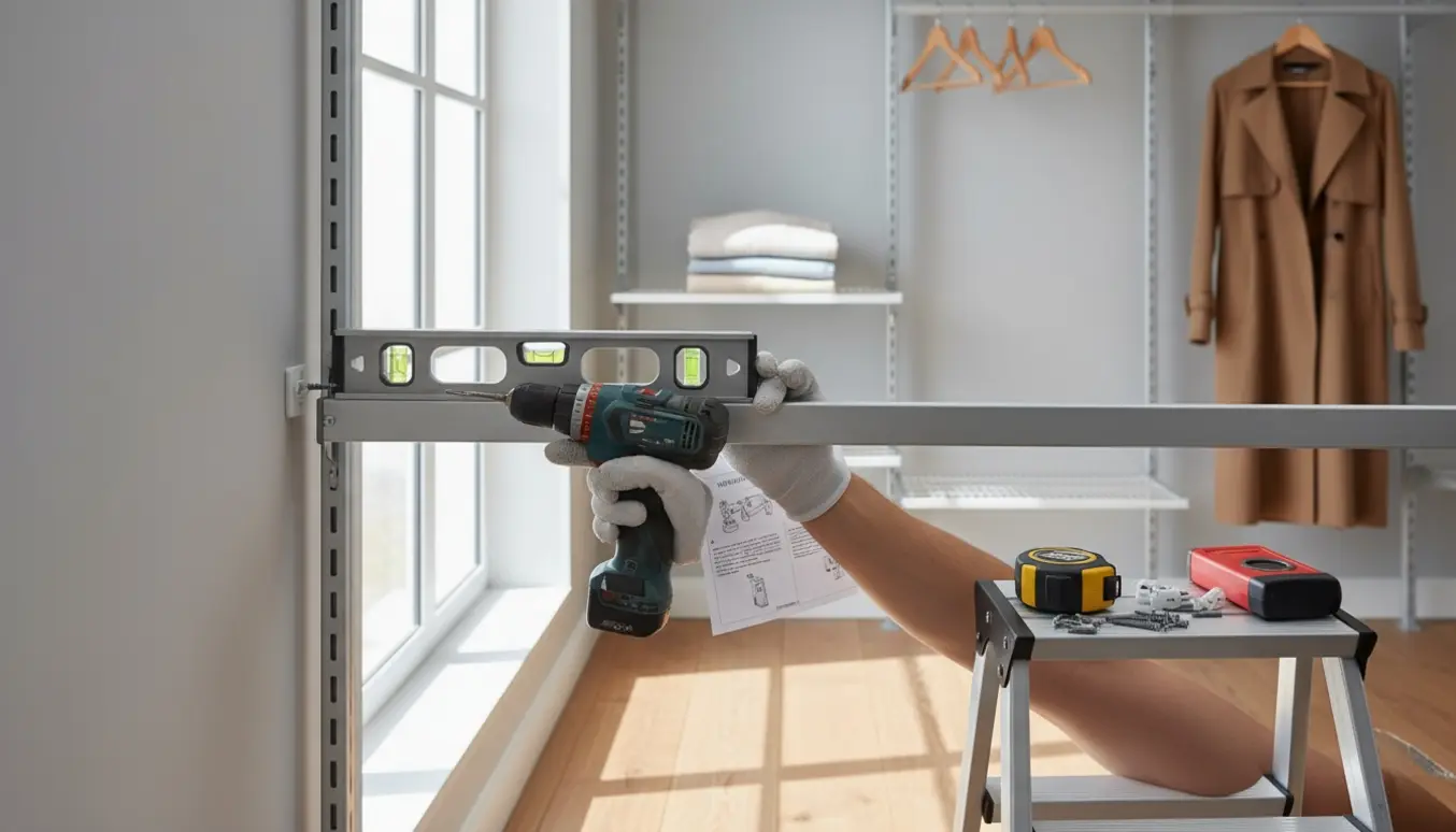 To hænder monterer en BOAXEL-vægskinne i en lys baggang med værktøj og delvist opsatte hylder.
