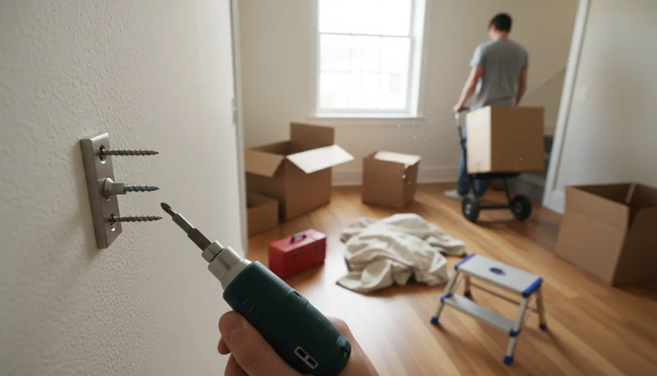 Hænder monterer en gardinbeslag ved et vindue, mens en anden bærer flyttekasser mod kælderen.