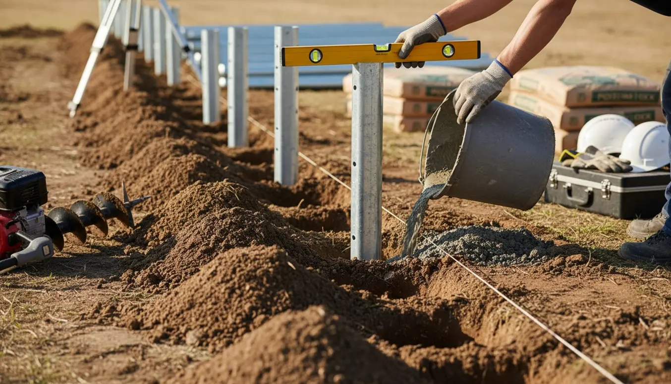 Varmgalvaniserede stolper sættes i nyopgravede, lige huller med snor og vaterpas på en ryddet arbejdsplads.