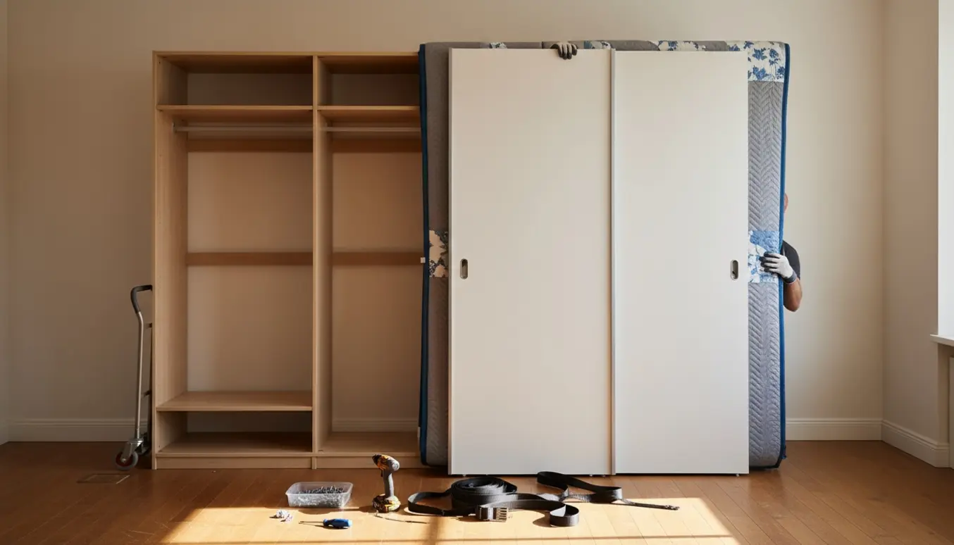 Afmonteret Pax-skab med skydedøre og skinner lagt klar til flytning i et lyst værelse.