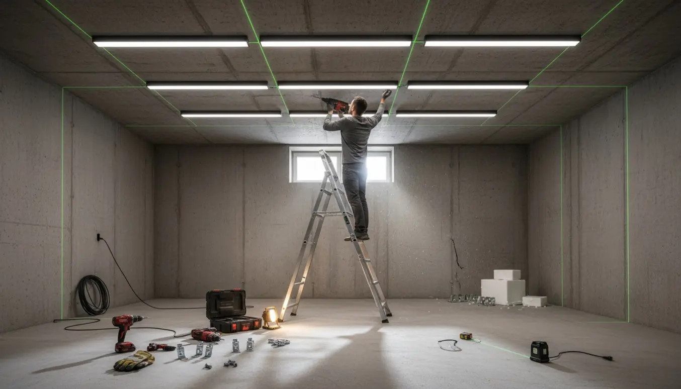 Tekniker monterer ni smalle LED-paneler i et råt betonloft i en kælder med værktøj og materialer omkring.