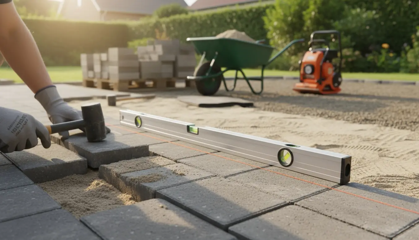 Nærbillede af fliselægning med handsker, gummihammer og delvist færdigt terrasseområde.