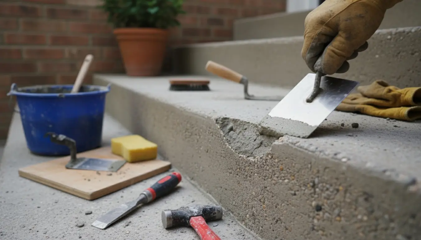 Nærbillede af reparation af slidt betontrappe, hvor mørtel glattes ud med en murske.