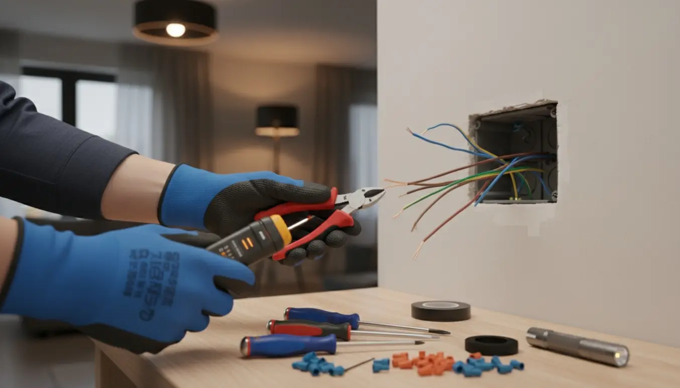 Nærbillede af isolerede handsker, der arbejder med løse elektriske ledninger ved en åben installationsdåse, med værktøj og et mørkt badeværelseslys i baggrunden.