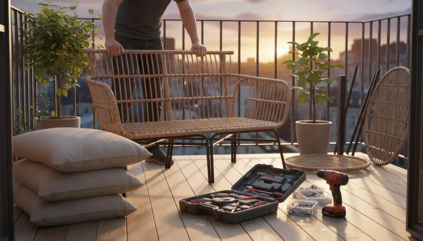 To personer samler en to-personers altansofa og et lille bord på en solrig altan med værktøj ved hånden.