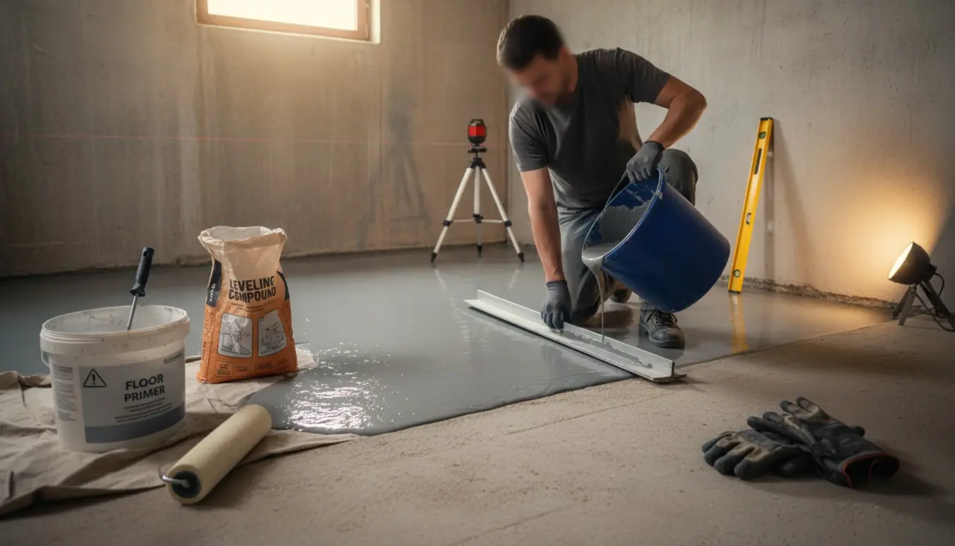 Kældergulv på cirka 10 m² bliver nivelleret med primer og flydemasse, mens værktøj og måleværktøj ligger klar.