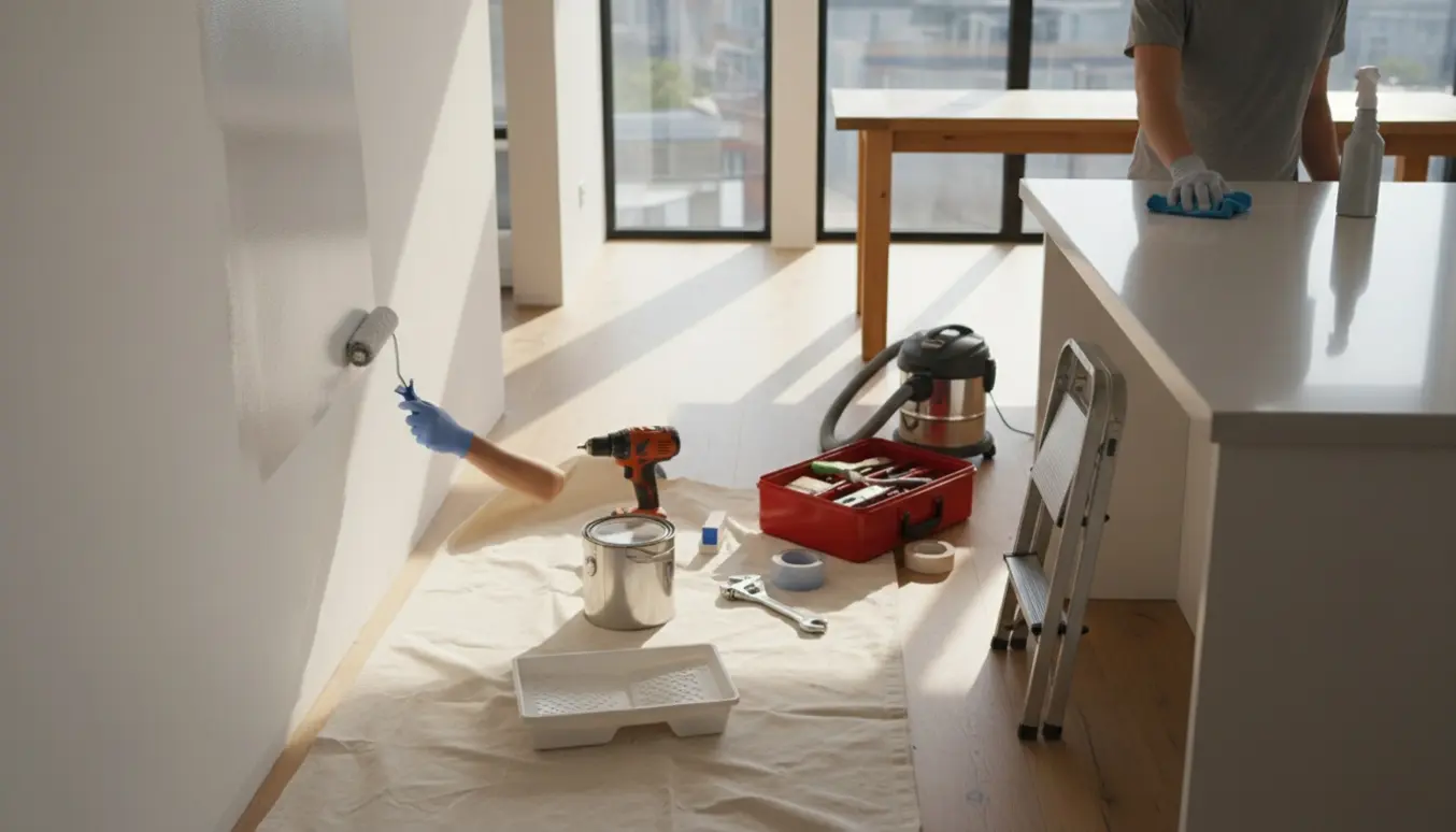 Hænder maler en væg og rengør en køkkenbordplade i et lyst hjem med værktøj og stige i baggrunden.