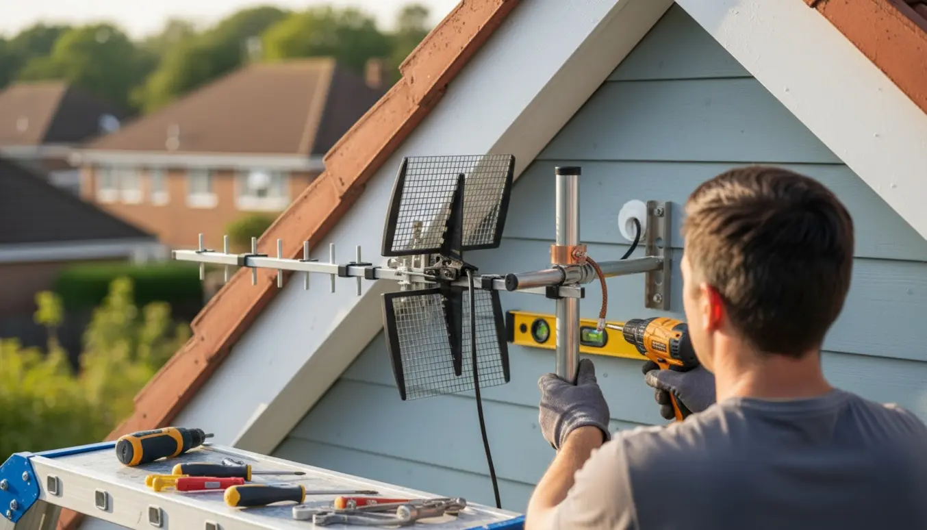 Tekniker monterer en TV-antenne på husgavl fra en stige med kabel og jordforbindelse synlige.