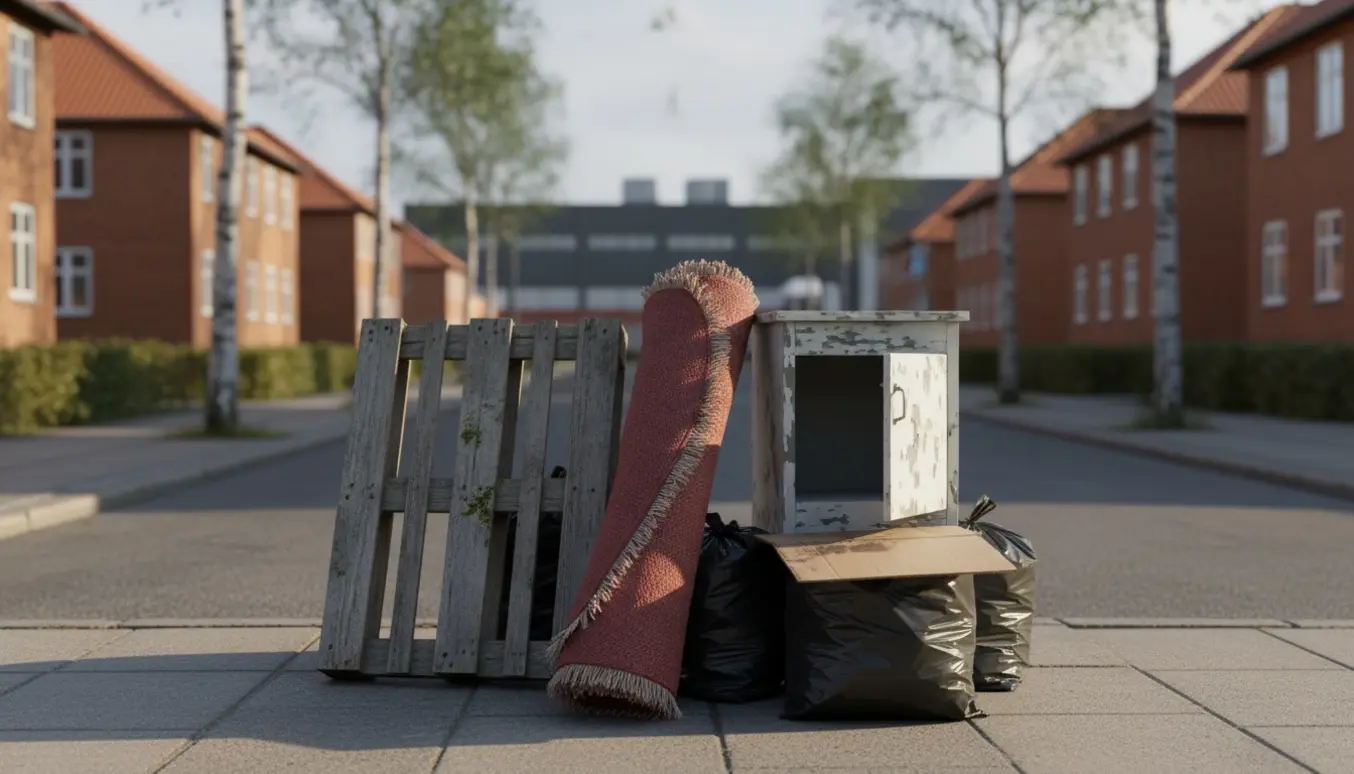 Gammelt tæppe, paller og et lille badeværelsesskab samlet til afhentning på fortov i Kastrup nær genbrugsstation.