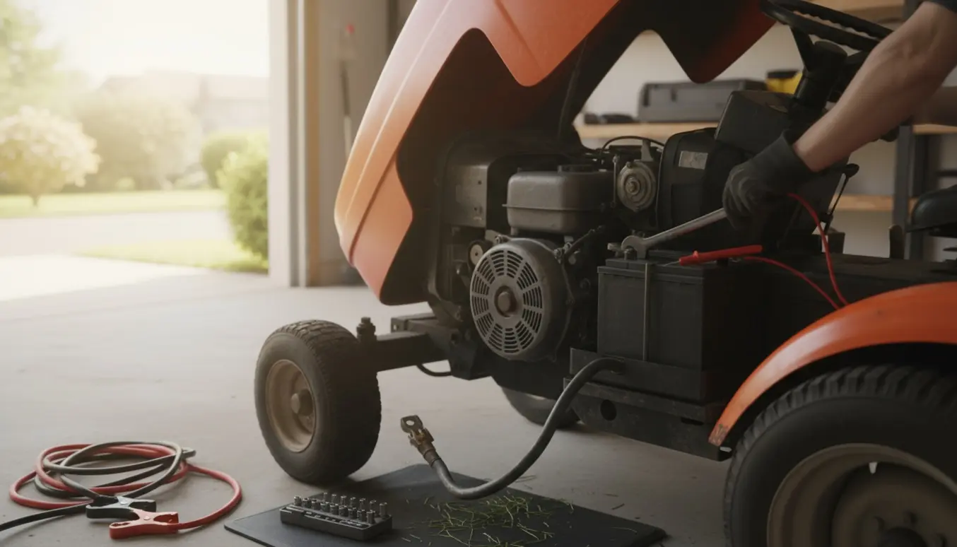 Nærbillede af en havetraktor med åben motorhjelm, hvor hænder arbejder på batteri og starter i en lys garage.