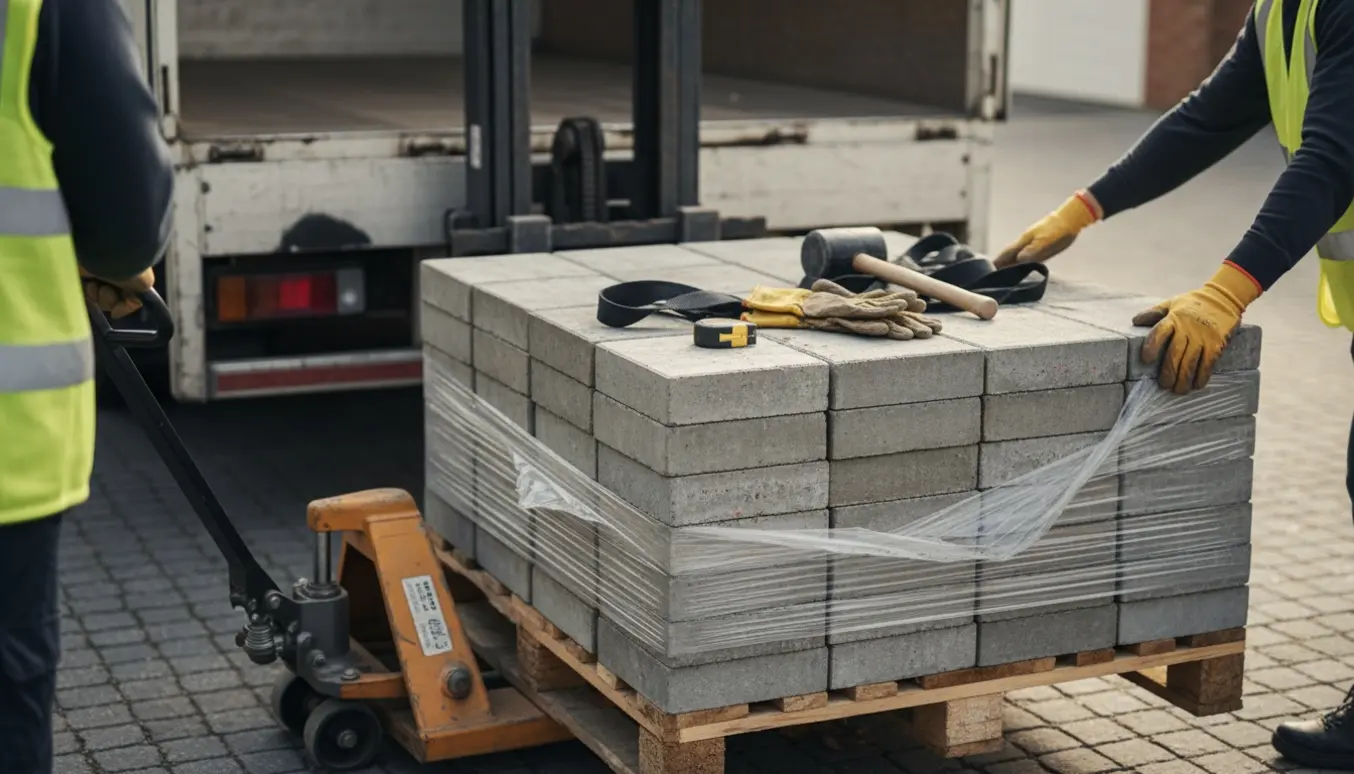 Palle med stablede betonfliser ved en leveringslastbil, klar til aflæsning.