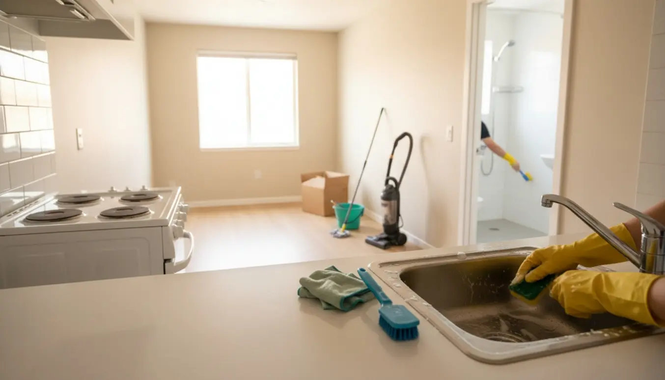 Rengøringsmidler og handsker i en tom studiebolig ved tekøkken og badeværelse under udflytningsrengøring.