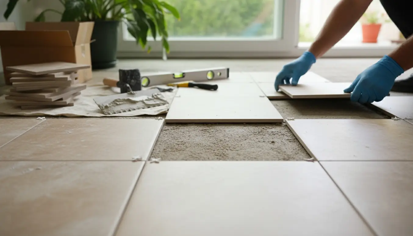 Nærbillede af et delvist færdigt flisegulv med manglende fliser, reservestabler og hænder, der lægger en flise.