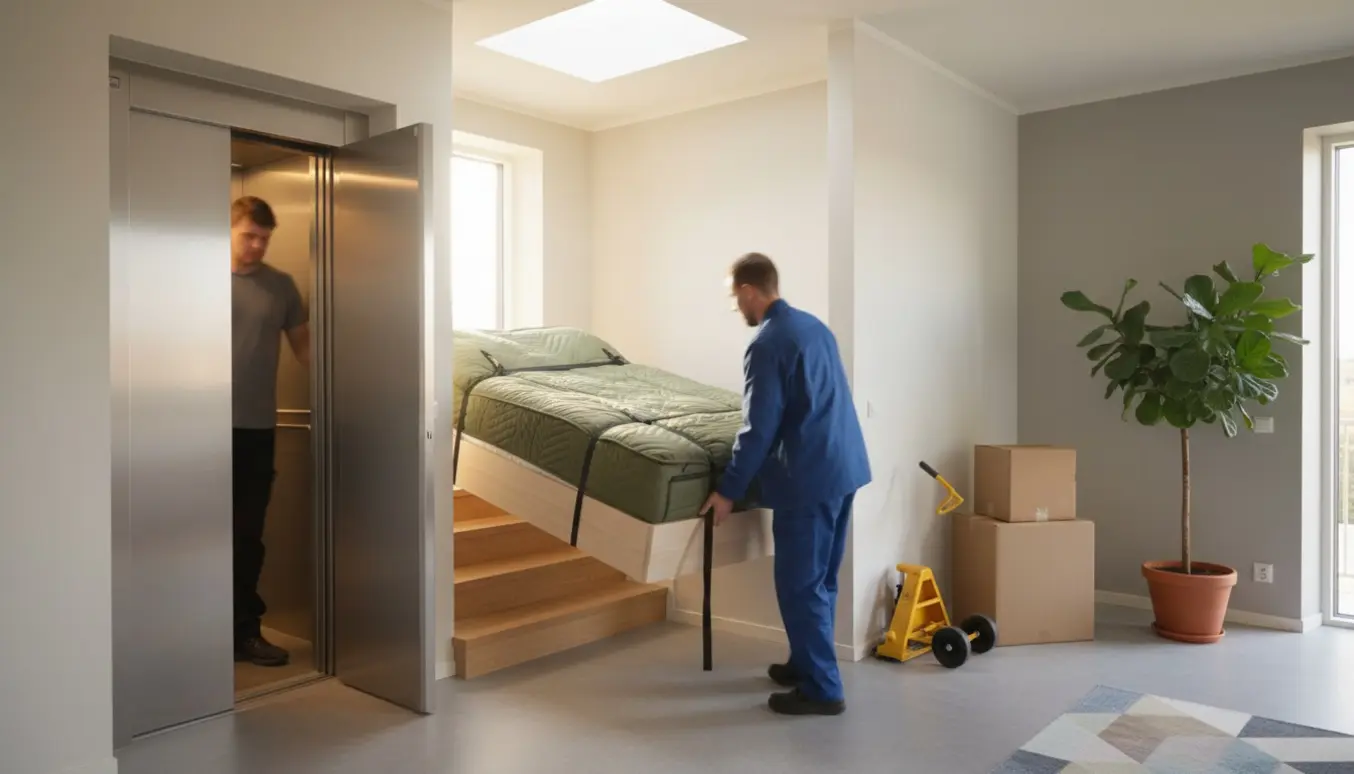 Flyttemænd bærer en indpakket 3/4-seng gennem en lys, skandinavisk trappeopgang og elevator.