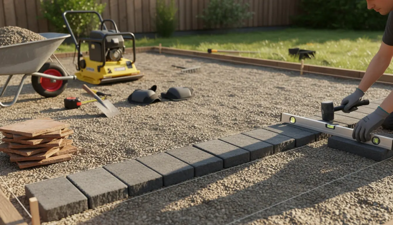 Hænder lægger nye fliser på en forberedt grus- og sandbund i en baghave med værktøj og stablede gamle fliser ved siden af.