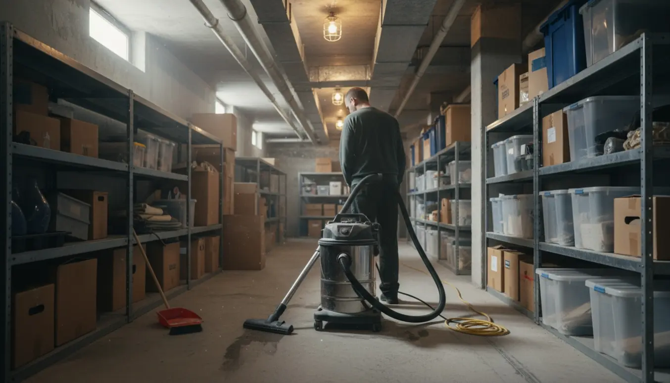 En person støvsuger kælderrum i et lejlighedskompleks med en industristøvsuger mellem kasser og hylder.