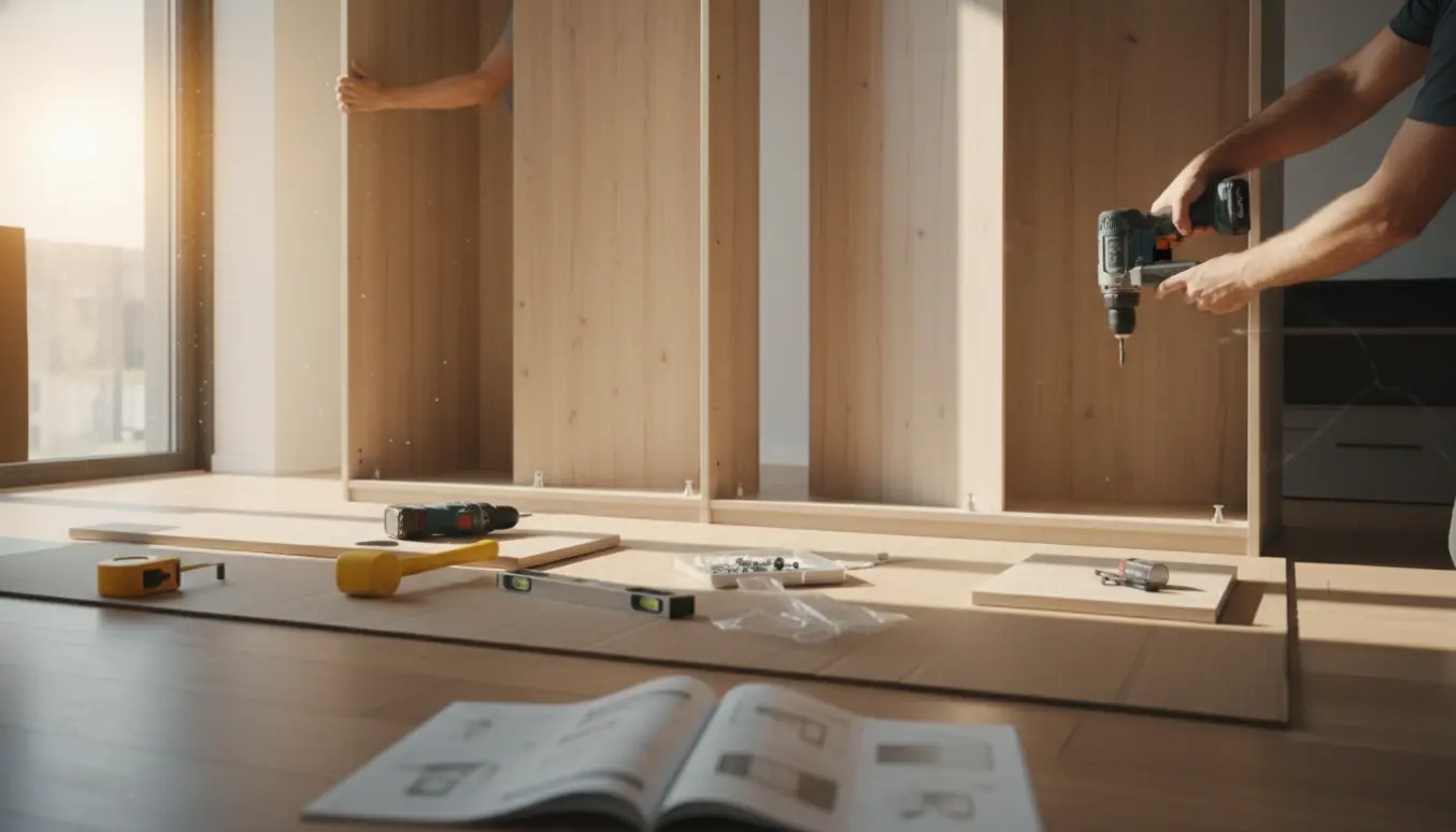 To personer samler et stort klædeskab i en lys stue med værktøj og træpaneler spredt omkring.