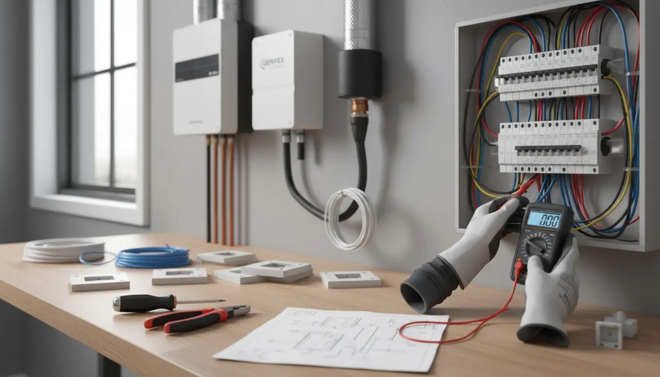 Tekniker med handsker måler ledninger ved en åben sikringsboks i et bryggers med el-, netværks- og ventilationsudstyr.