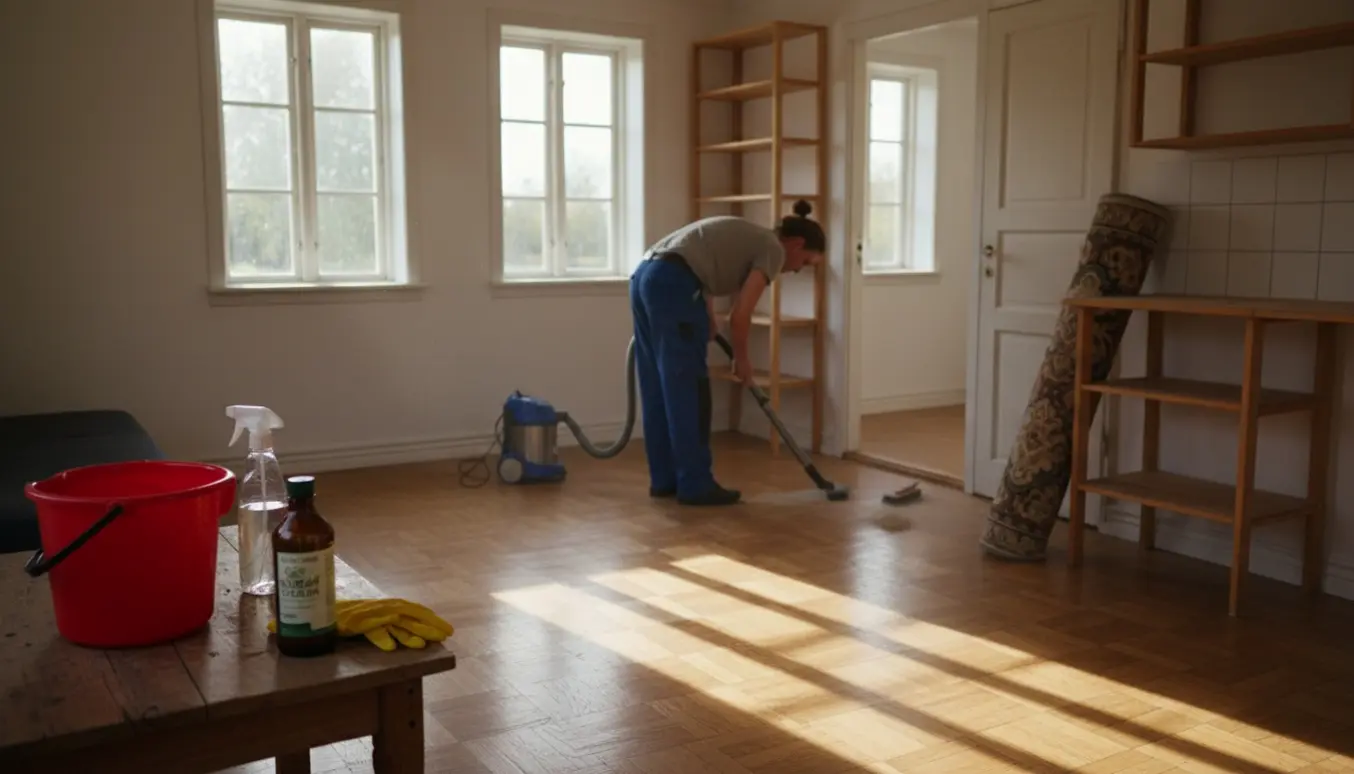 Soloplyst kolonihavehus under flytterengøring med støvsuger, moppe og rullet tæppe.