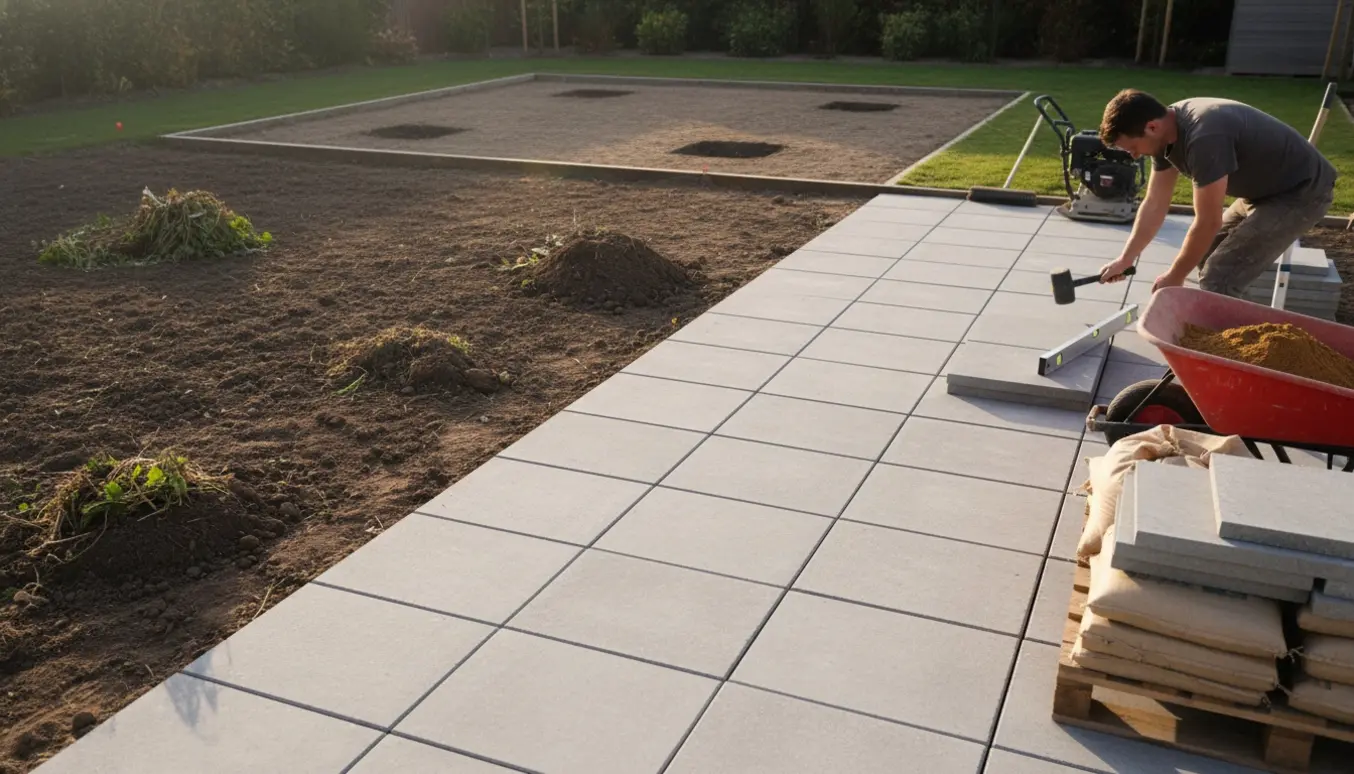 Et baghaveprojekt med ryddet jord, stabler af firkantede fliser, sand og værktøj klar til lægning.