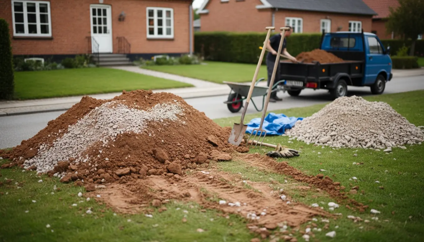 To bunker jord, ler og grus foran et parcelhus i Greve klar til afhentning med skovl og trillebør.