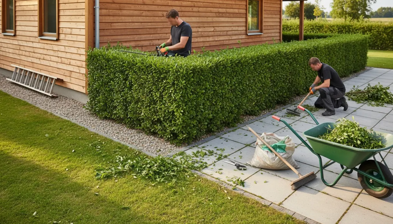 Hækklipning og lugning foran et sommerhus med redskaber og trillebør fyldt med afklip.