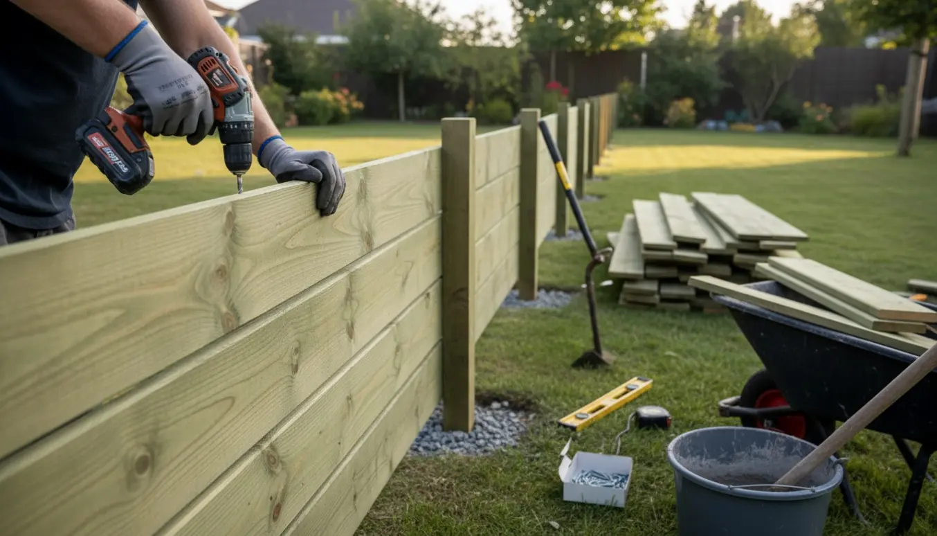 Håndværker monterer nyt trykimprægneret plankeværk i en baghave, mens det gamle hegn ligger afmonteret ved siden af.