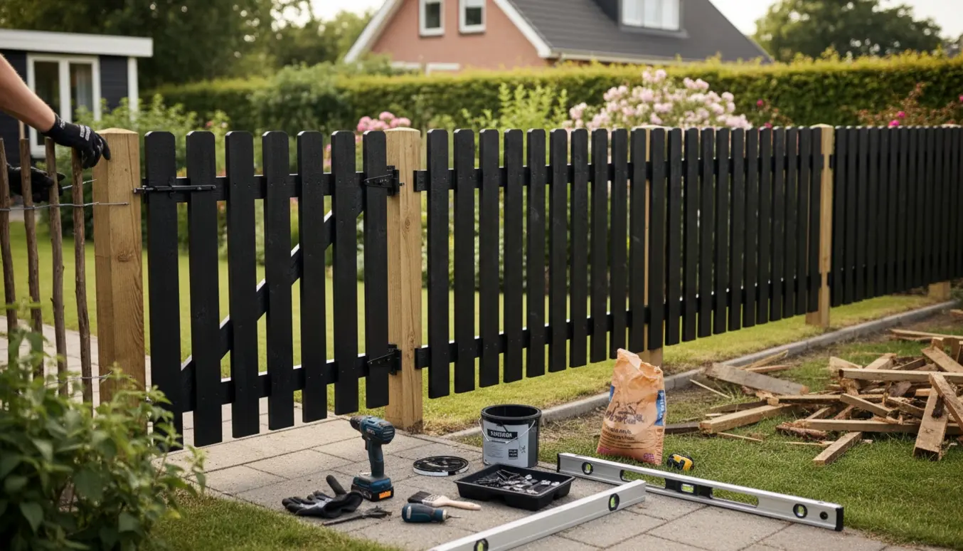 Ny havelåge og sort stakit under opsætning i en have med værktøj og materialer.