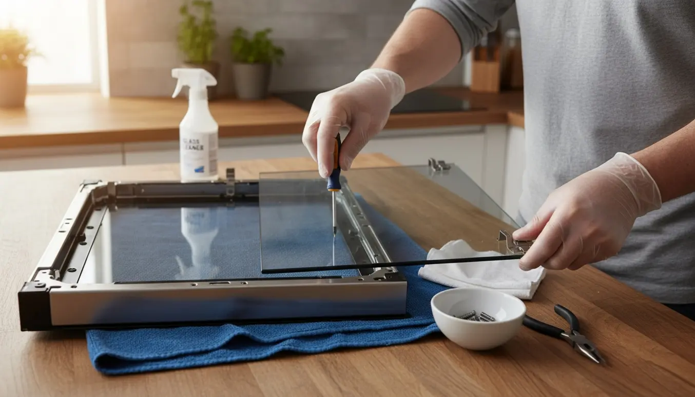 Ovnlåge lagt på et bord med fjernet glas, værktøj og handsker klar til rengøring.